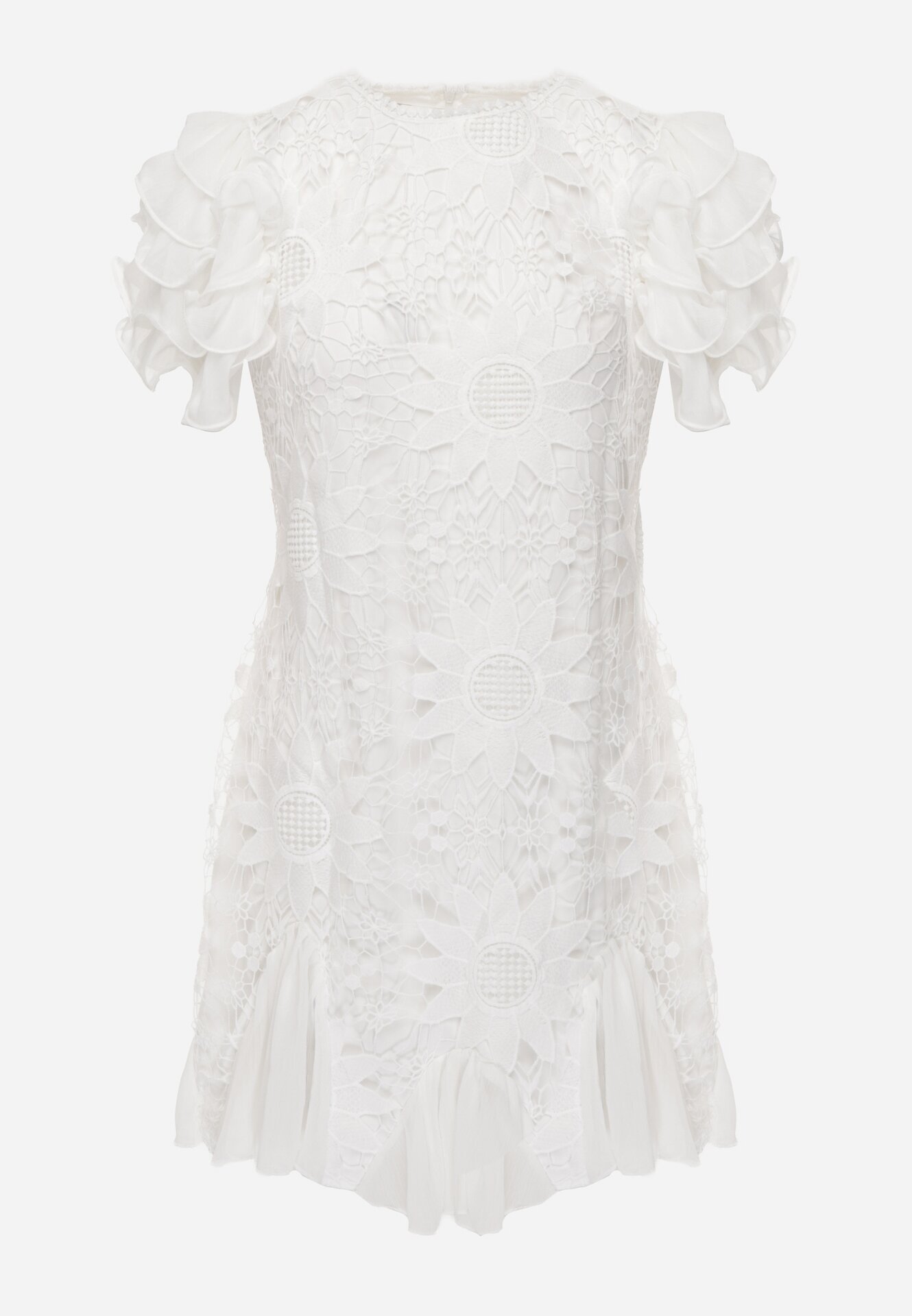 lovery Rochie Mini Albă cu Inserții de Dantelă și Volane Soffiana
