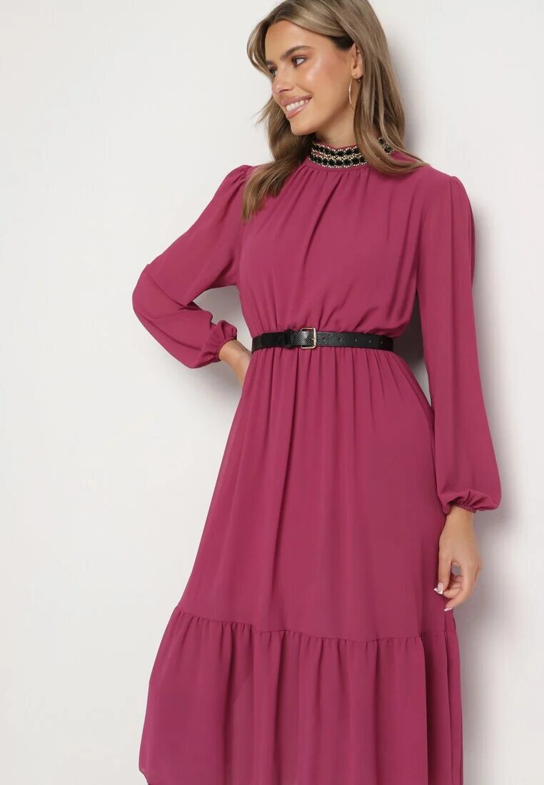 lovery Rochie Mov cu elastic în talie decorată cu aplicații la decolteu Lilirae