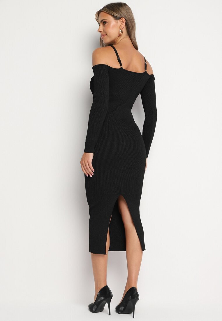 lovery Rochie Mulată Neagră Midi cu Umeri Decupați și Floare Decorativă Vorella