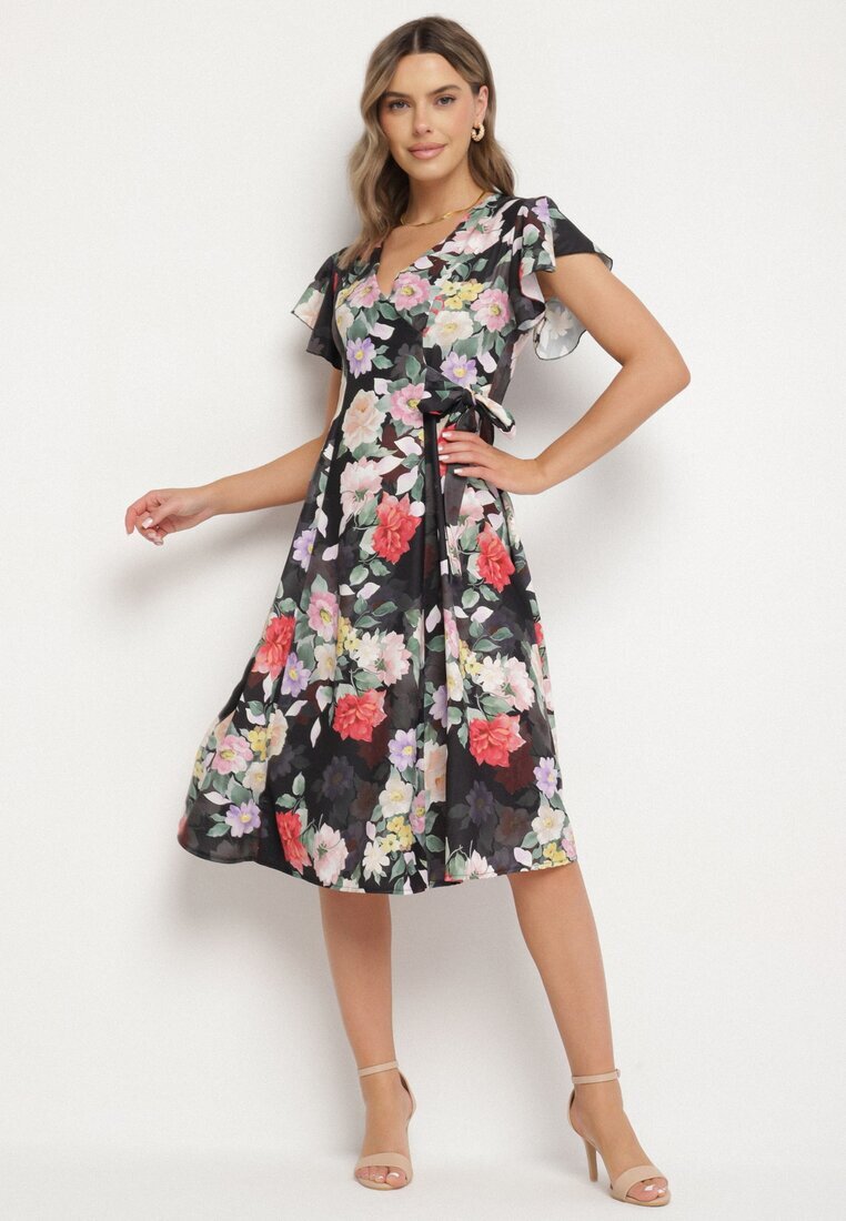 lovery Rochie Neagră Florală cu Decolteu petrecut Atorina