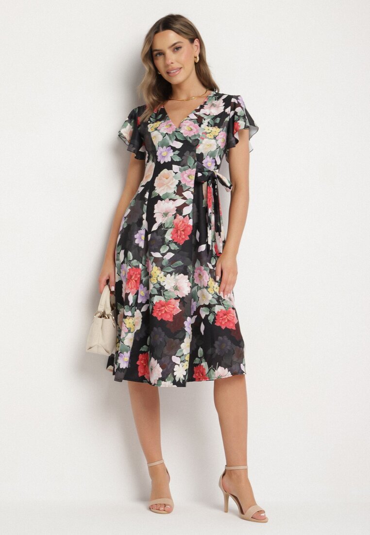 lovery Rochie Neagră Florală cu Decolteu petrecut Atorina