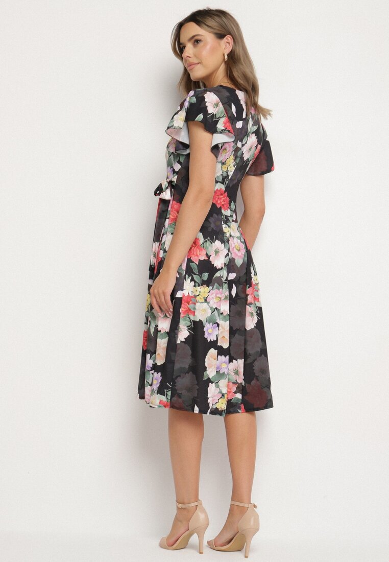 lovery Rochie Neagră Florală cu Decolteu petrecut Atorina