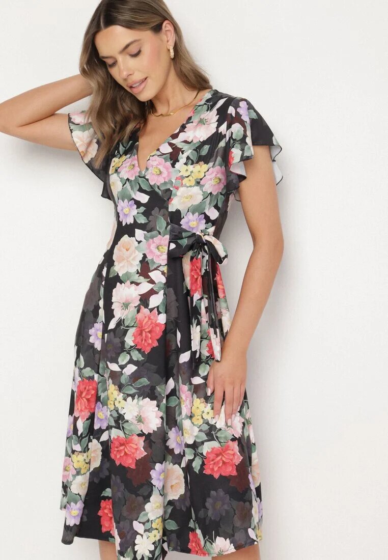 lovery Rochie Neagră Florală cu Decolteu petrecut Atorina