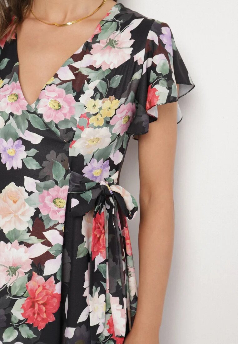 lovery Rochie Neagră Florală cu Decolteu petrecut Atorina