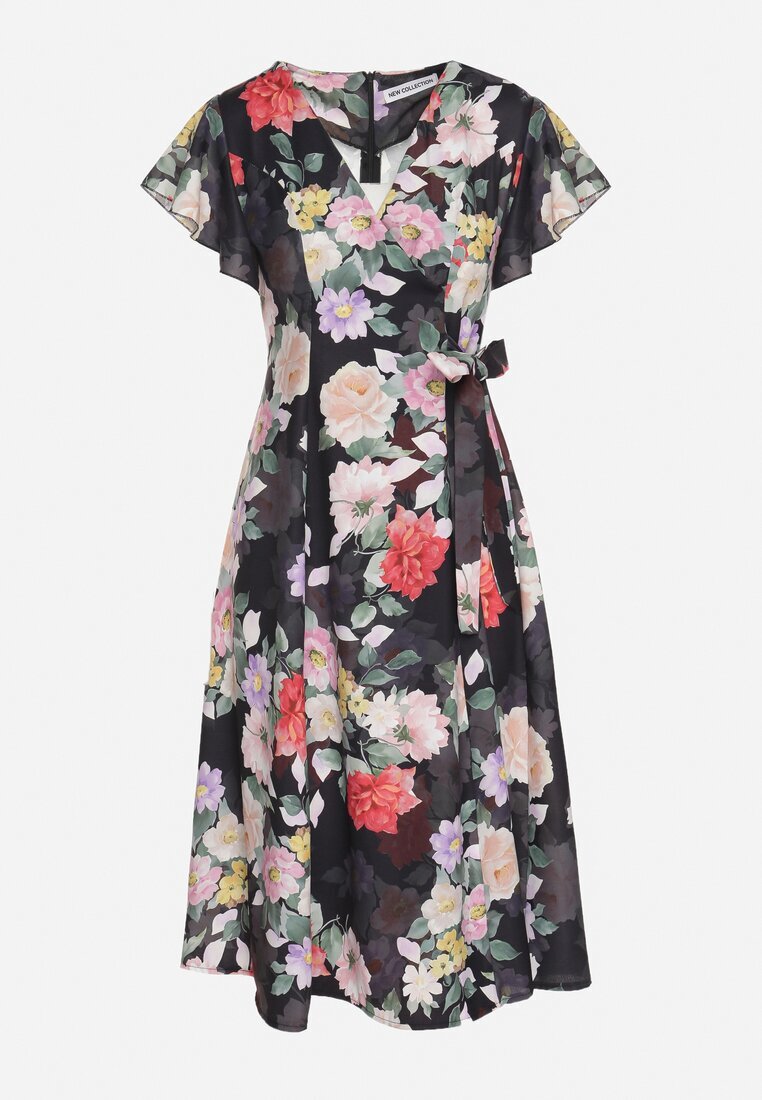 lovery Rochie Neagră Florală cu Decolteu petrecut Atorina
