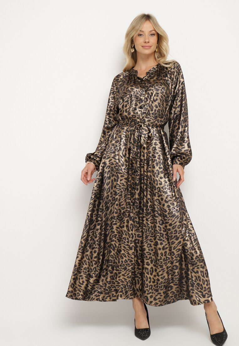lovery Rochie Negru-Auriu cu imprimeu leopard cu efect de luciu și cu cordon Issadia