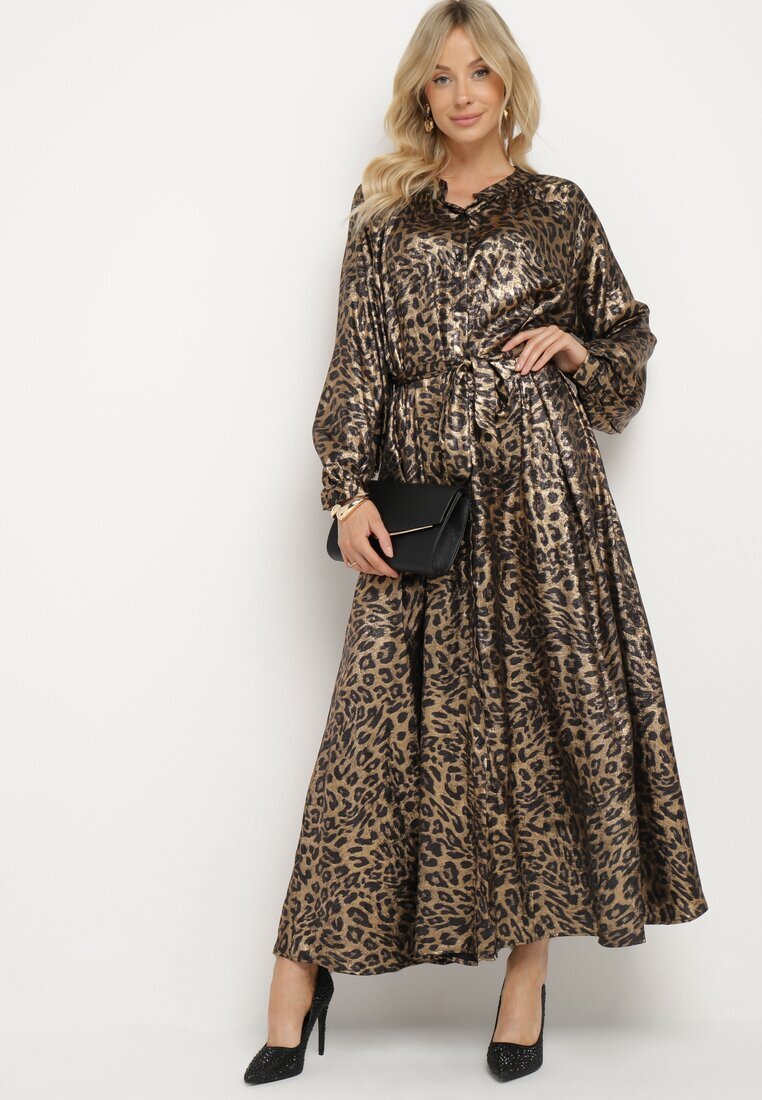 lovery Rochie Negru-Auriu cu imprimeu leopard cu efect de luciu și cu cordon Issadia