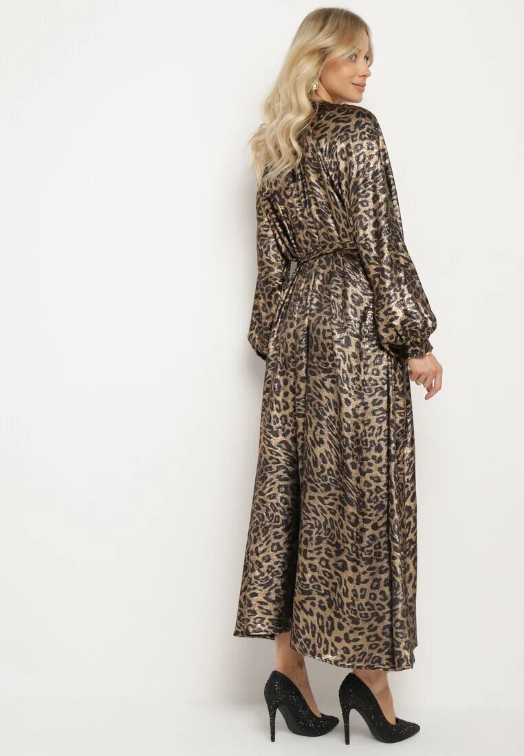 lovery Rochie Negru-Auriu cu imprimeu leopard cu efect de luciu și cu cordon Issadia