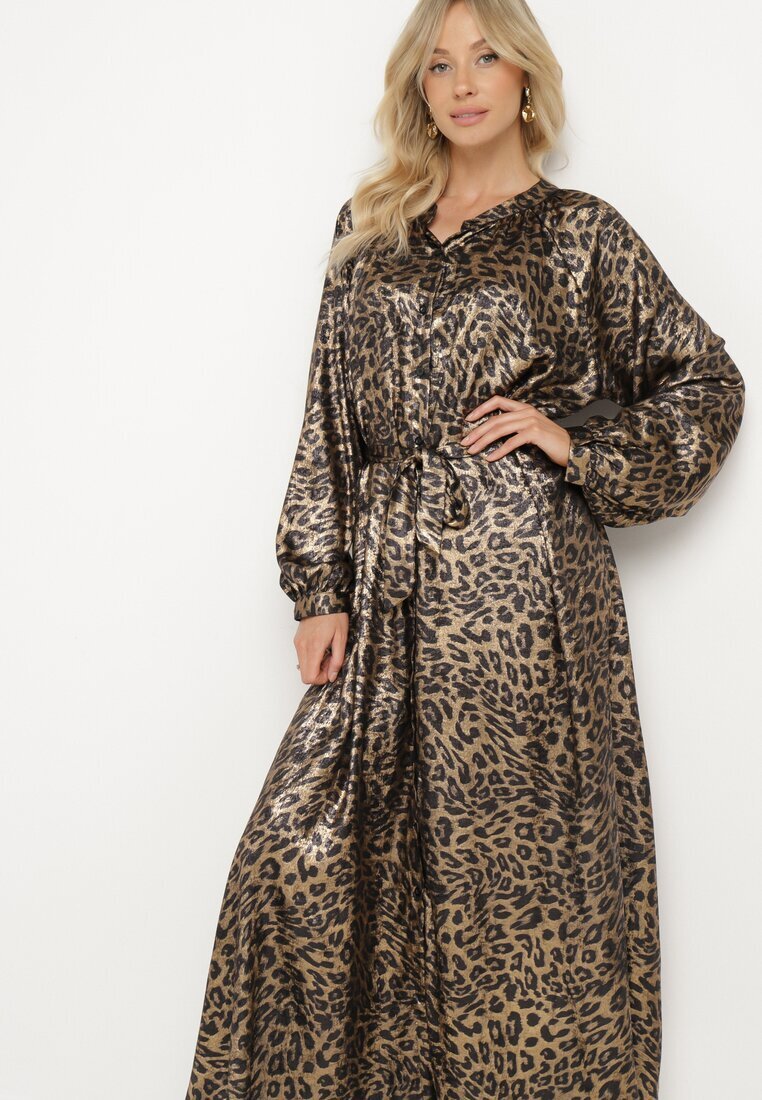 lovery Rochie Negru-Auriu cu imprimeu leopard cu efect de luciu și cu cordon Issadia