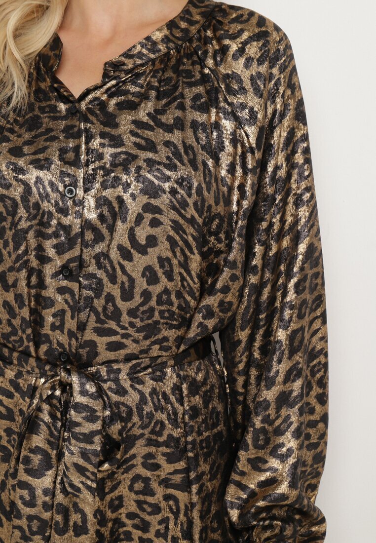 lovery Rochie Negru-Auriu cu imprimeu leopard cu efect de luciu și cu cordon Issadia