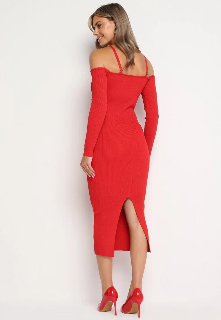 lovery Rochie Roșie Mulate Midi cu Umeri Descoperiți și cu Floare Decorativă Vorella