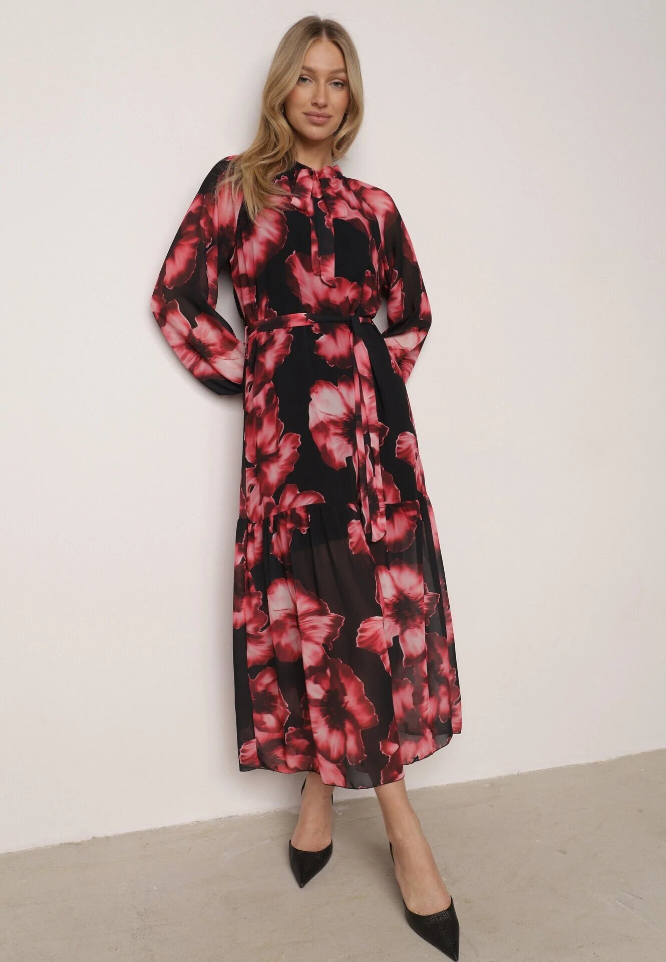 lovery Rochie roșu-negru tip cutie florală cu curea Nifle