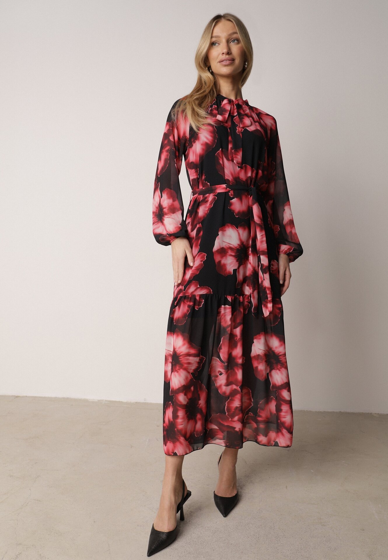 lovery Rochie roșu-negru tip cutie florală cu curea Nifle
