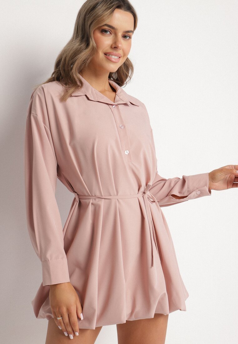lovery Rochie roz tip cămașă stil balon cu curea Lavilorae