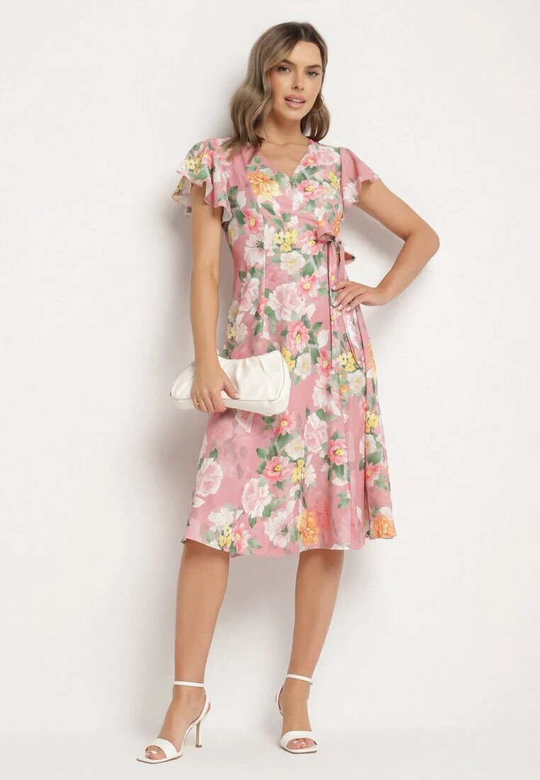 lovery Rochie Roză Florală cu Decolteu Plic Atorina