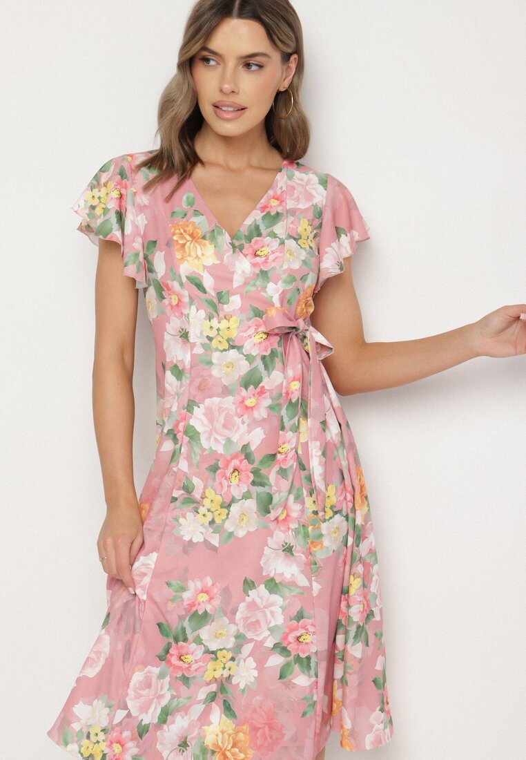 lovery Rochie Roză Florală cu Decolteu Plic Atorina