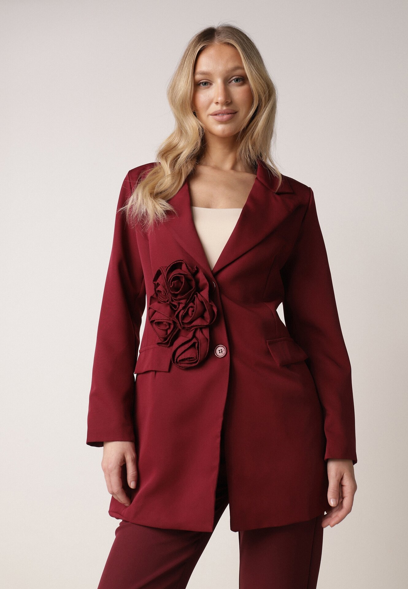 lovery Rochie tip sacou Bordo cu Flori 3D și Umeri Întăriți Nelailis