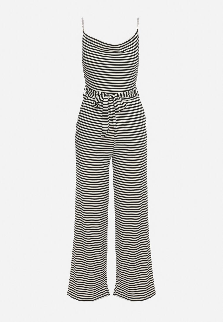 lovery Salopetă Negru-Alb cu bretele decorative cu elastic în talie și curea din material textil Cinna