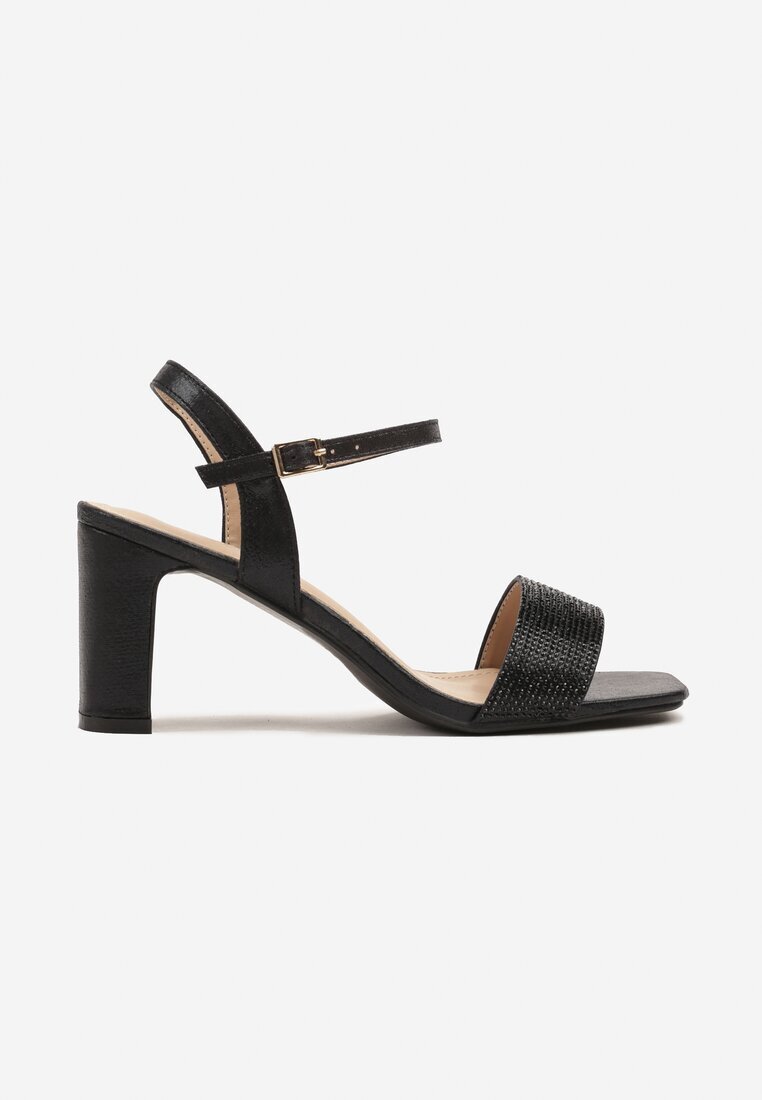 lovery Sandale Negre Elegante cu Toc gros decorate cu Strasuri Aveltewia