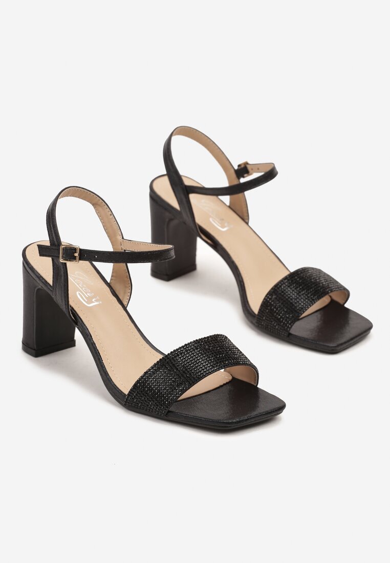 lovery Sandale Negre Elegante cu Toc gros decorate cu Strasuri Aveltewia