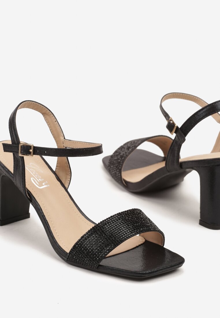 lovery Sandale Negre Elegante cu Toc gros decorate cu Strasuri Aveltewia