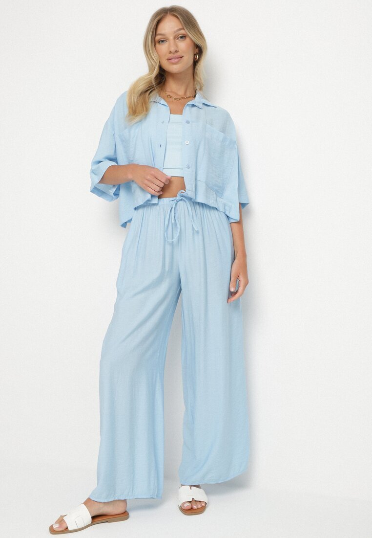 lovery Set Albastru Viscoză Oversize Cămașă cu Mânecă Scurtă și Pantaloni Dovilissea