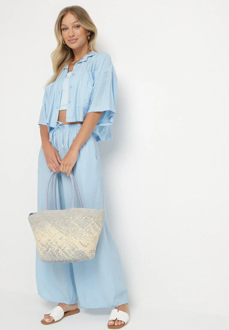 lovery Set Albastru Viscoză Oversize Cămașă cu Mânecă Scurtă și Pantaloni Dovilissea