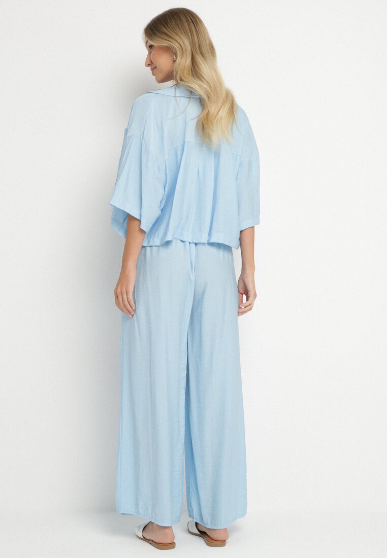 lovery Set Albastru Viscoză Oversize Cămașă cu Mânecă Scurtă și Pantaloni Dovilissea