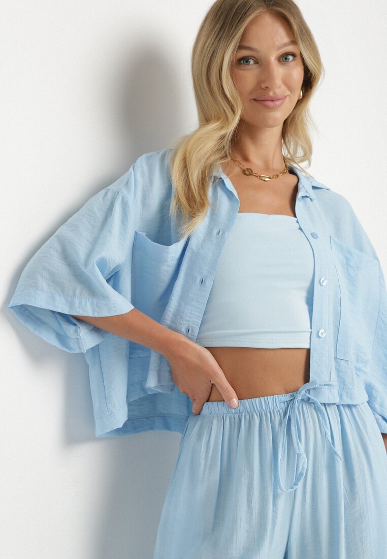 lovery Set Albastru Viscoză Oversize Cămașă cu Mânecă Scurtă și Pantaloni Dovilissea