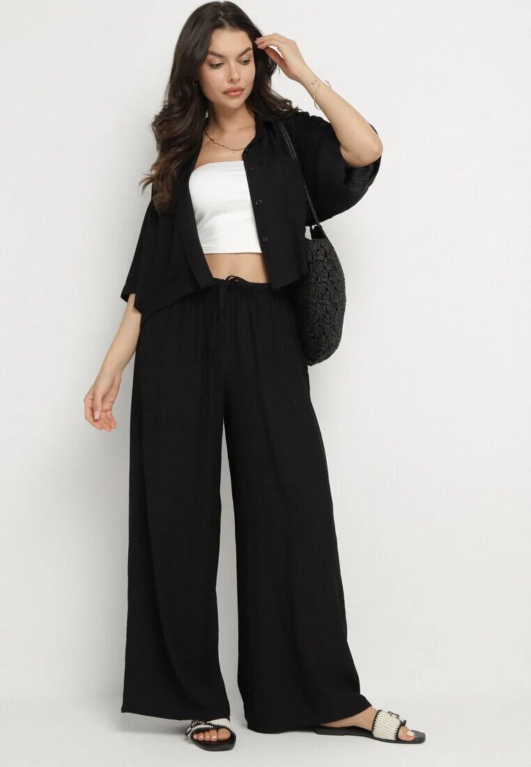 lovery Set Oversize Negru de Viscoză Cămașă cu Mânecă Scurtă și Pantaloni Dovilissea