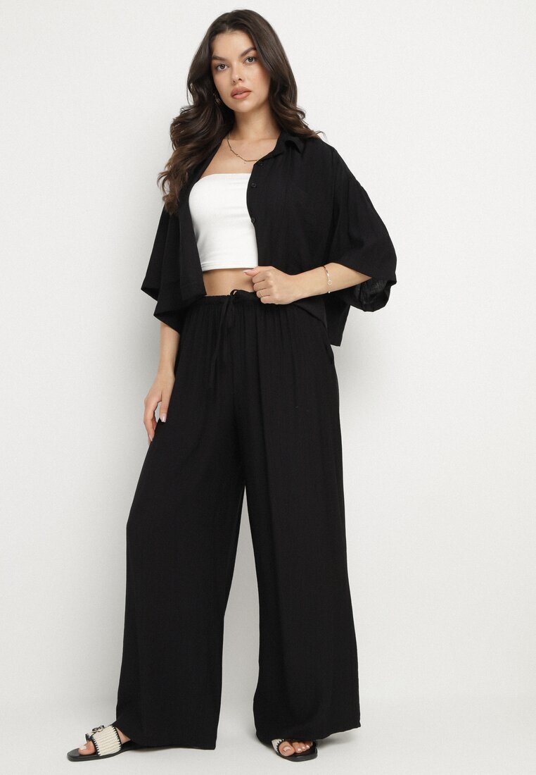 lovery Set Oversize Negru de Viscoză Cămașă cu Mânecă Scurtă și Pantaloni Dovilissea