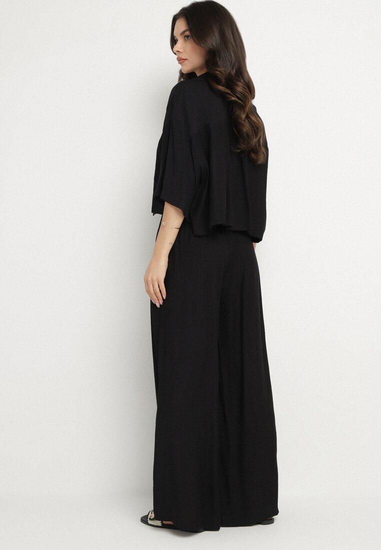 lovery Set Oversize Negru de Viscoză Cămașă cu Mânecă Scurtă și Pantaloni Dovilissea