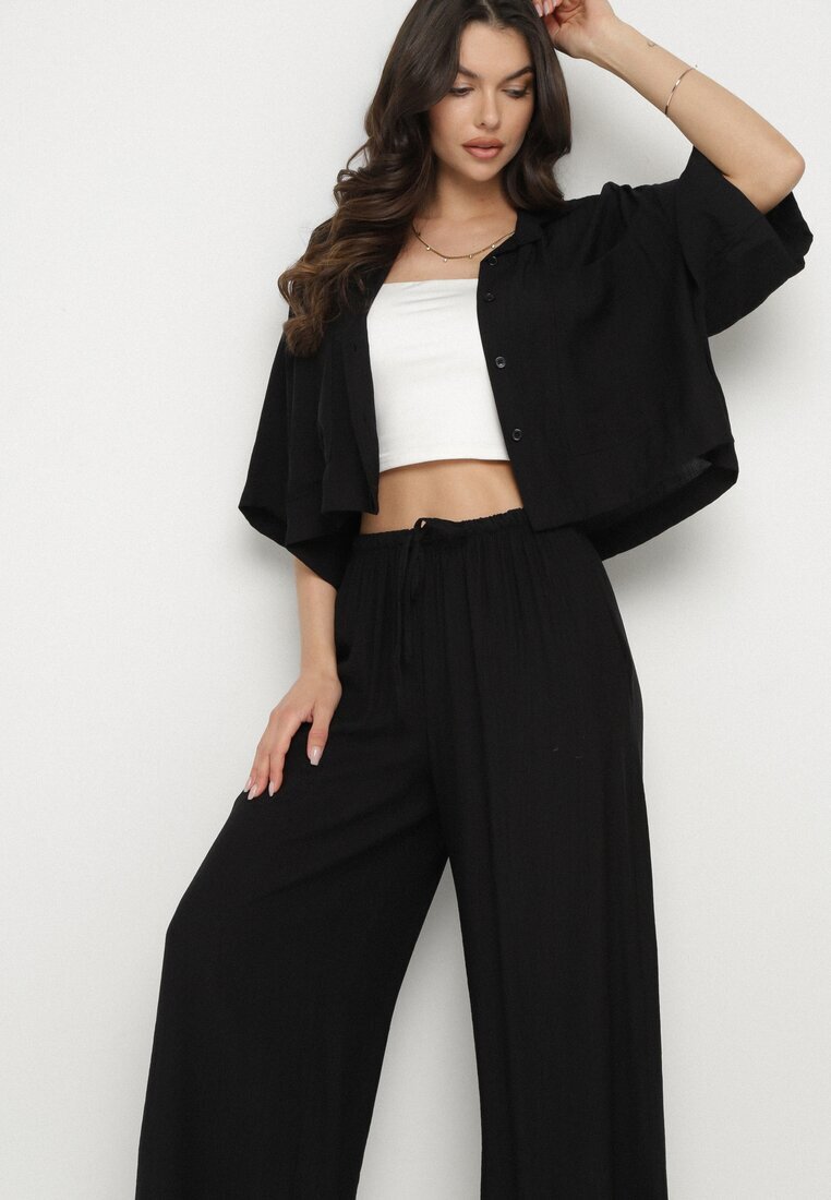 lovery Set Oversize Negru de Viscoză Cămașă cu Mânecă Scurtă și Pantaloni Dovilissea