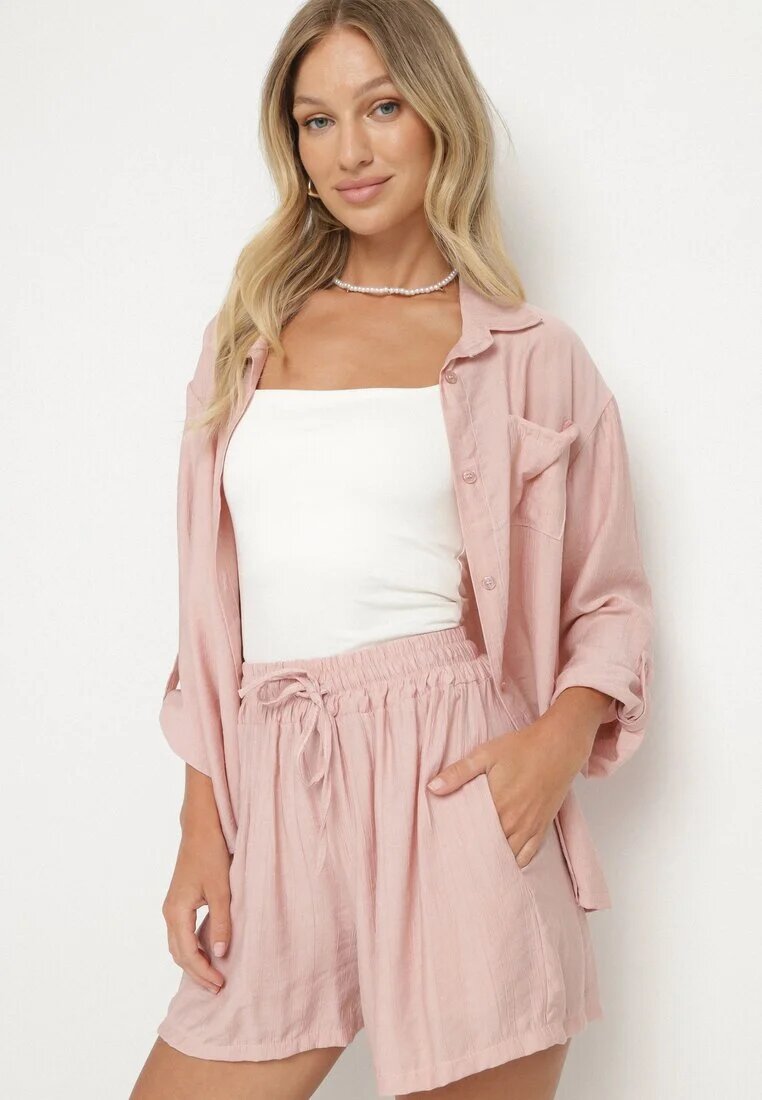 lovery Set Roz din Viscoză Cămașă cu Mânecă Lungă și Pantaloni scurți cu Elastic în Talie Efralice