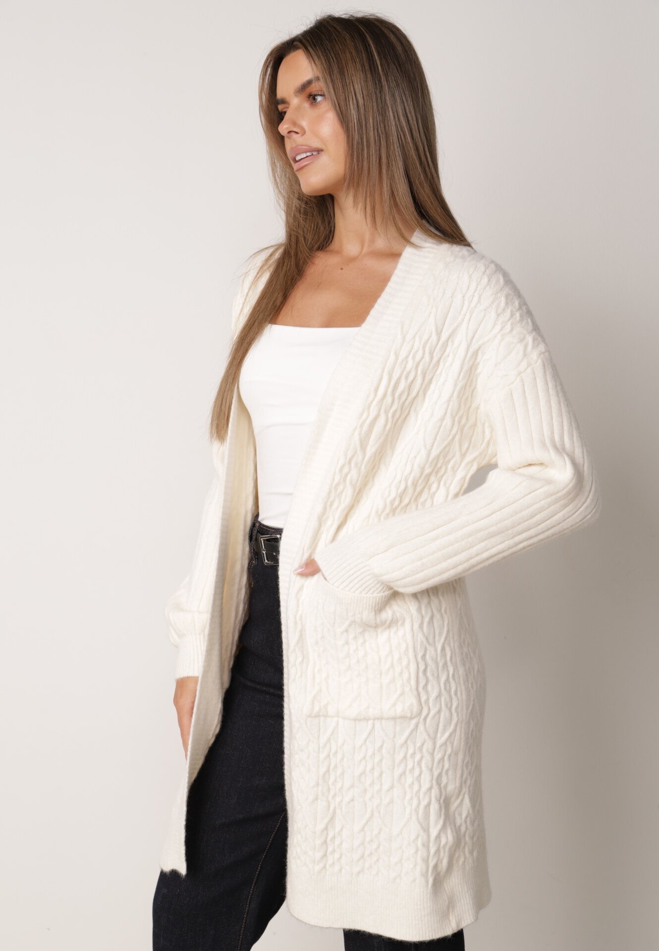 m&d fashion Cardigan cu croi lung și împletituri Lerlit Bej deschis