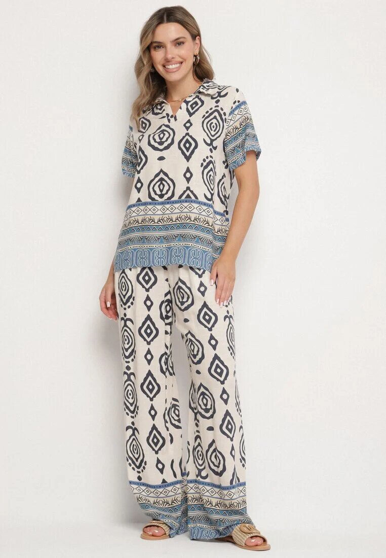 m&d fashion Compleu din viscoză Albastru Bluză și Pantaloni largi cu model Boho Jelkio