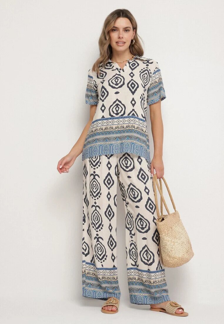 m&d fashion Compleu din viscoză Albastru Bluză și Pantaloni largi cu model Boho Jelkio