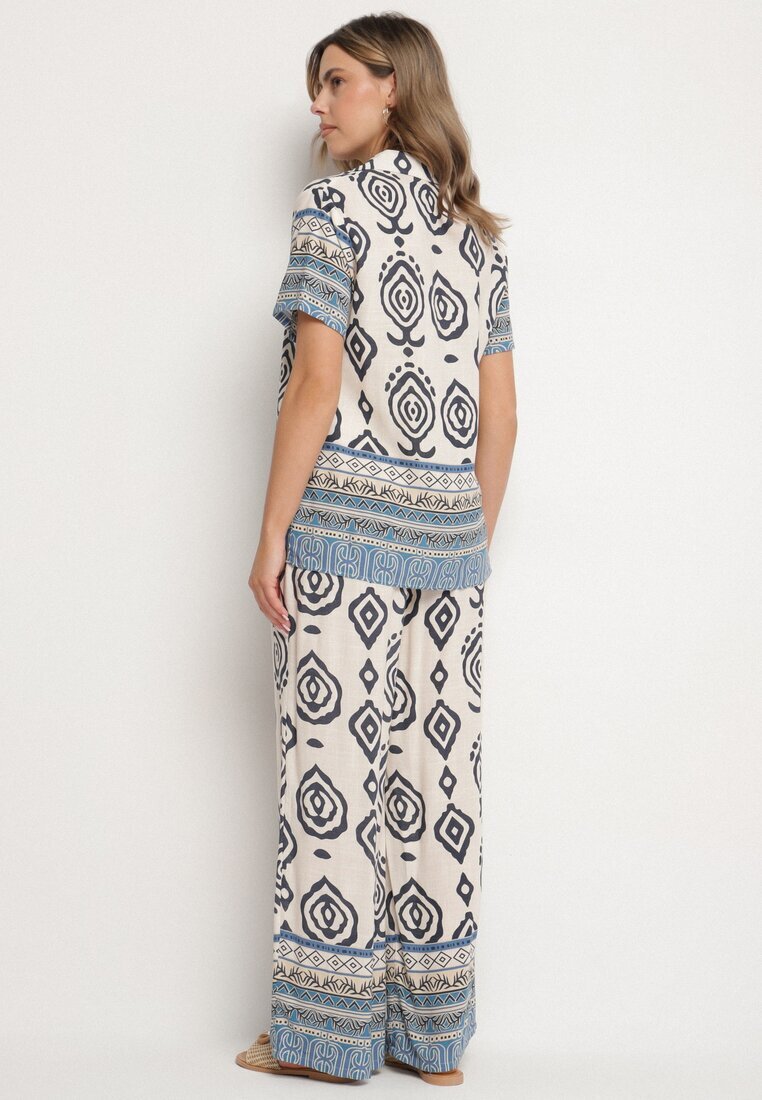m&d fashion Compleu din viscoză Albastru Bluză și Pantaloni largi cu model Boho Jelkio