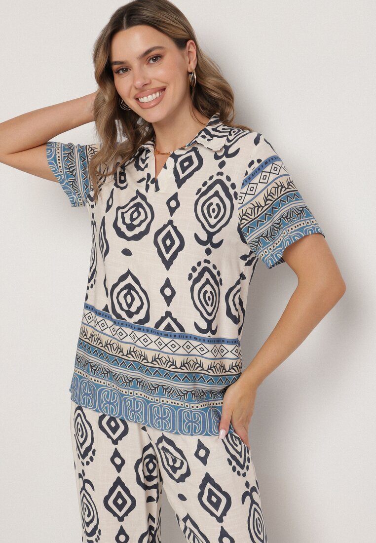 m&d fashion Compleu din viscoză Albastru Bluză și Pantaloni largi cu model Boho Jelkio