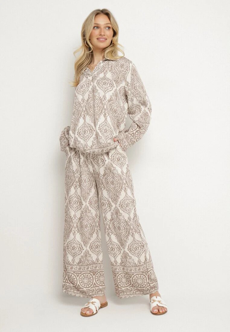 m&d fashion Compleu Oversize Bej închis cu Vâscoză cu model Etnic Pantaloni Largi și Cămașă Nilamiella