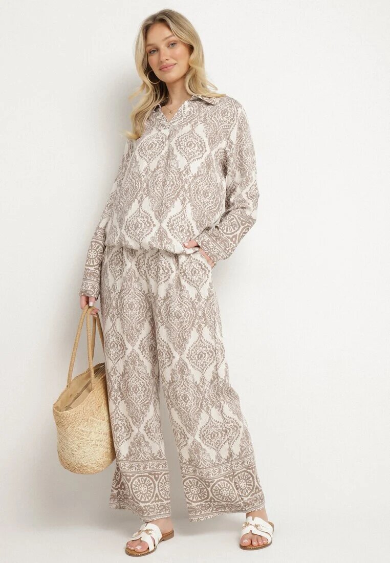m&d fashion Compleu Oversize Bej închis cu Vâscoză cu model Etnic Pantaloni Largi și Cămașă Nilamiella
