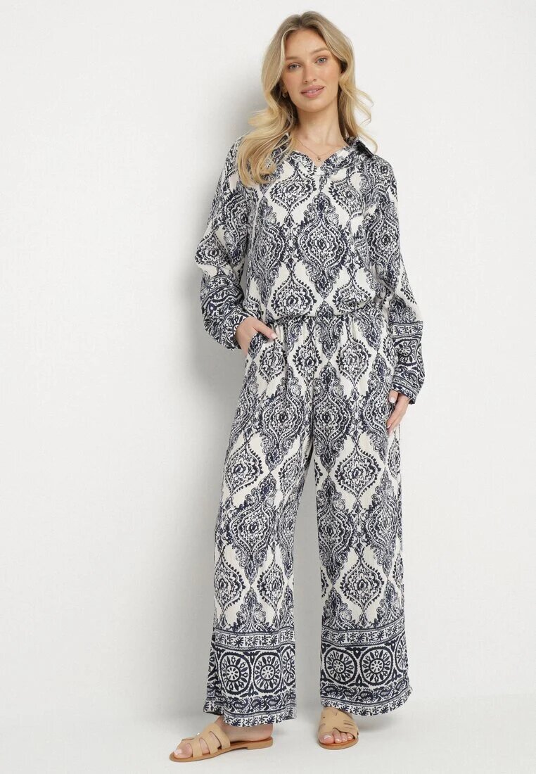 m&d fashion Compleu oversize bleumarin cu viscoză cu model etnic Pantaloni largi și Cămașă Nilamiella