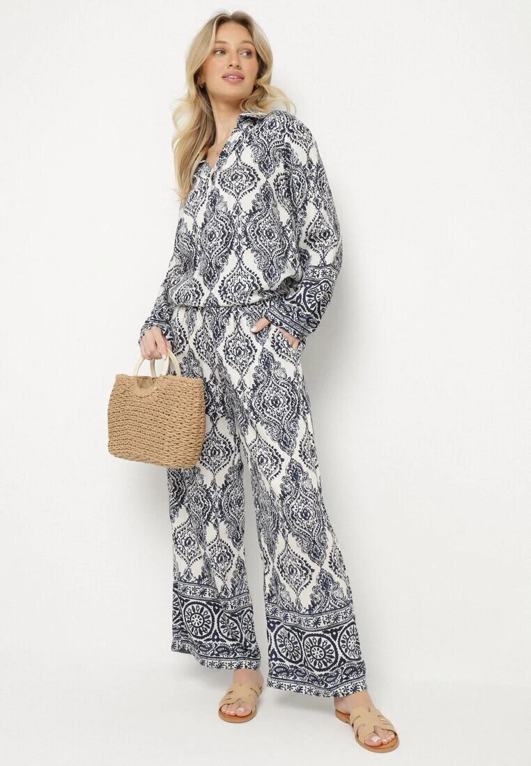 m&d fashion Compleu oversize bleumarin cu viscoză cu model etnic Pantaloni largi și Cămașă Nilamiella
