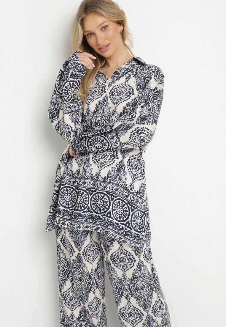 m&d fashion Compleu oversize bleumarin cu viscoză cu model etnic Pantaloni largi și Cămașă Nilamiella