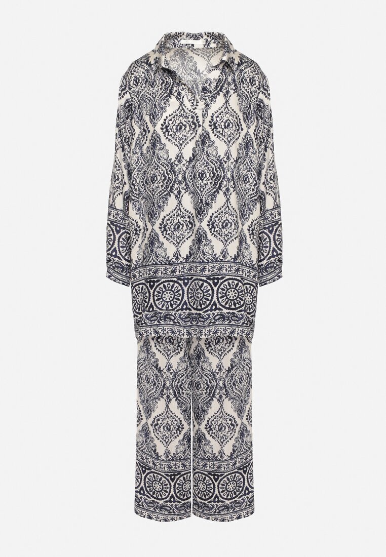 m&d fashion Compleu oversize bleumarin cu viscoză cu model etnic Pantaloni largi și Cămașă Nilamiella