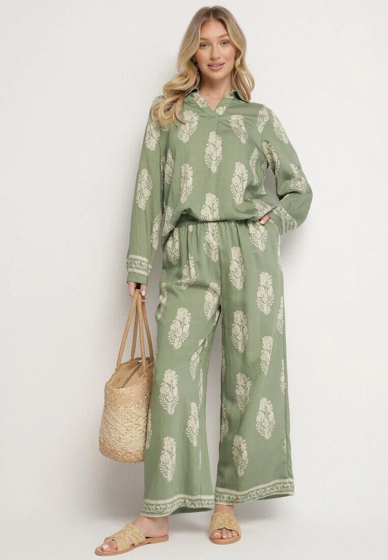 m&d fashion Compleu Verde Stil Boho Oversize Cămașă lungă și Pantaloni largi Meppina