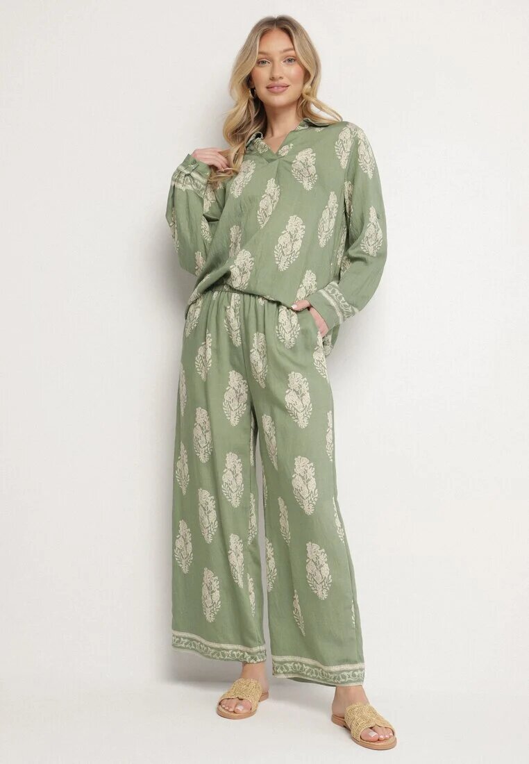 m&d fashion Compleu Verde Stil Boho Oversize Cămașă lungă și Pantaloni largi Meppina