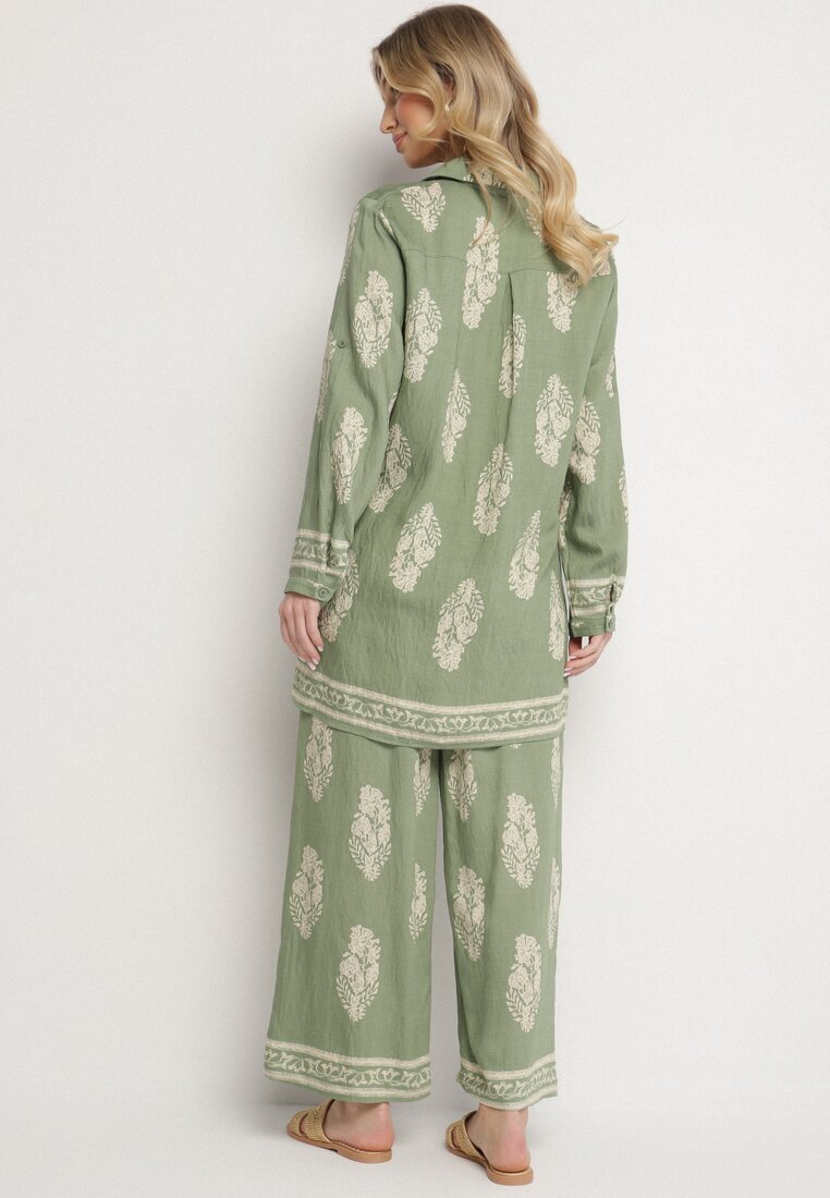 m&d fashion Compleu Verde Stil Boho Oversize Cămașă lungă și Pantaloni largi Meppina