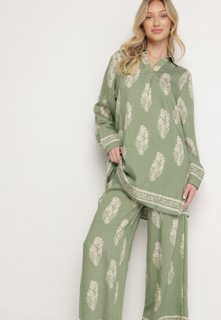 m&d fashion Compleu Verde Stil Boho Oversize Cămașă lungă și Pantaloni largi Meppina