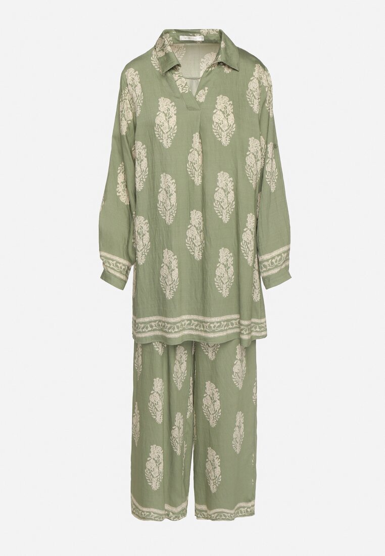 m&d fashion Compleu Verde Stil Boho Oversize Cămașă lungă și Pantaloni largi Meppina